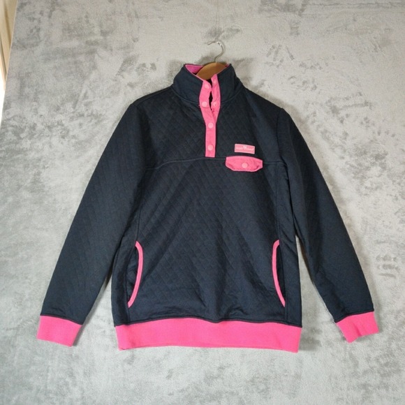Simply Southern Sweatshirt Women Small 1/4 Snap Pullover Black Pink Quilt - Picture 1 of 7